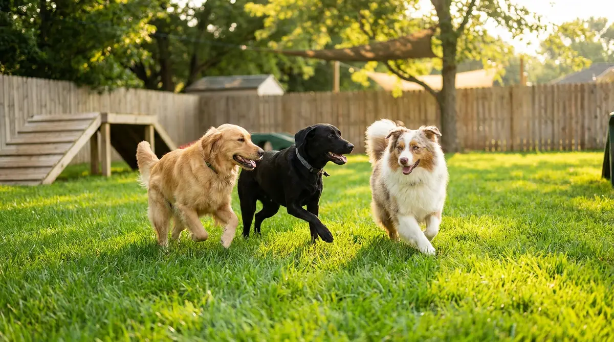 Happy dogs playing together in the outdoor play space at Delaval Daycare